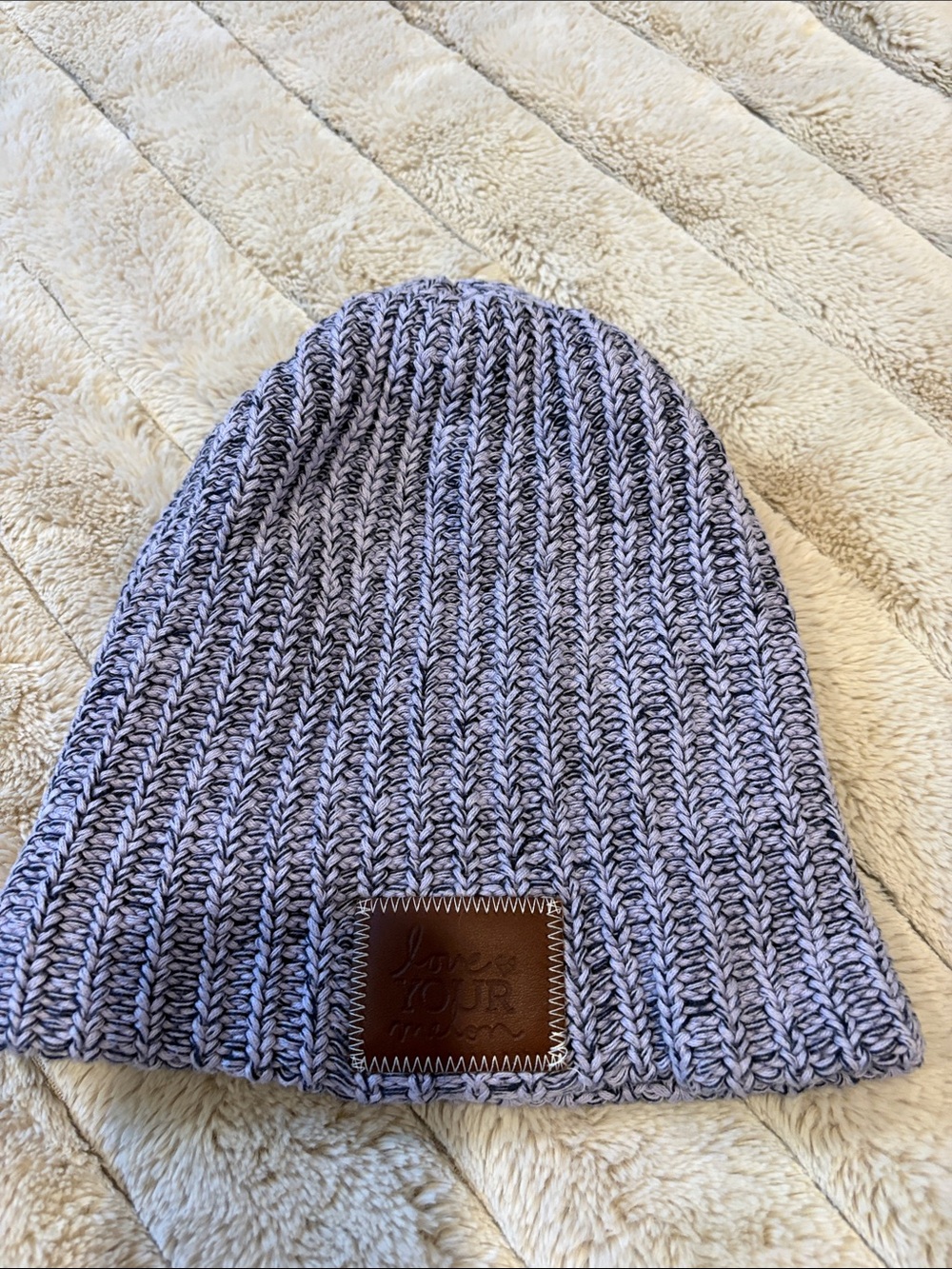 Love Your Melon Lavender and Black Marled Beanie with Leather Patch